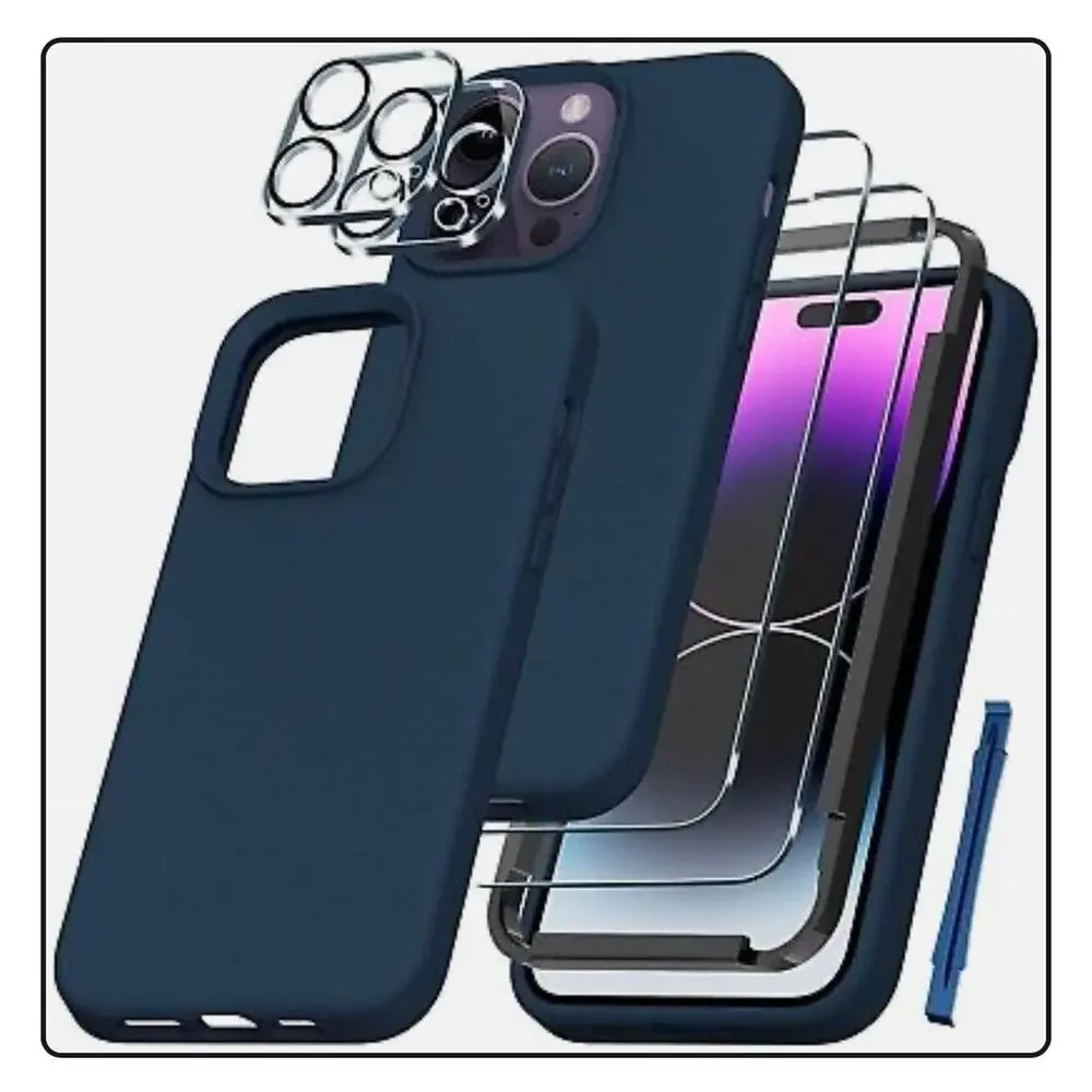QHOHQ 5 in 1 for iPhone14 Plus Max case +2X Screen & Lense Protectors, Navy Blue